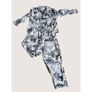 The Cats Pajamas Womens Large Elephant Toile Cotton Pajama Set Navy White Hygge